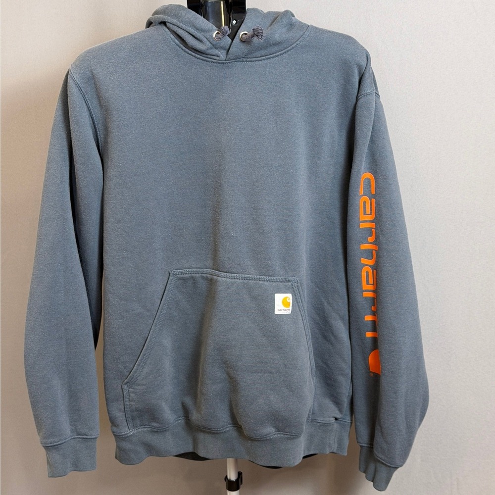 Carhartt Hoodie Mens Large Blue Orange Logo Pullover Sweatshirt Workwear